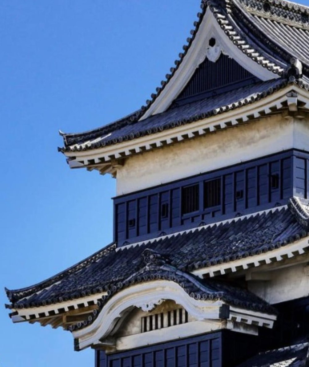 The dark timber and white plaster of Takada Castle keep against a clear spring sky.